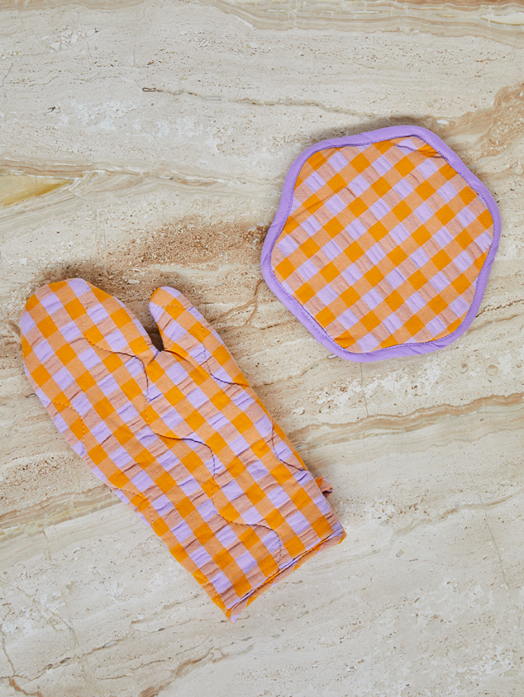 Kumquat Bloom Seersucker Oven Mitt by Mosey Me