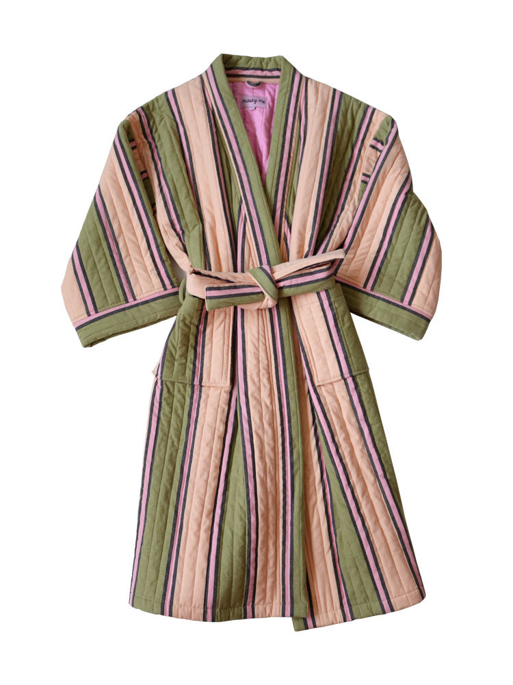 green emerald velvet dress TBCo Terry Cotton Towelling Bath Robe in Green Stripe main image 1