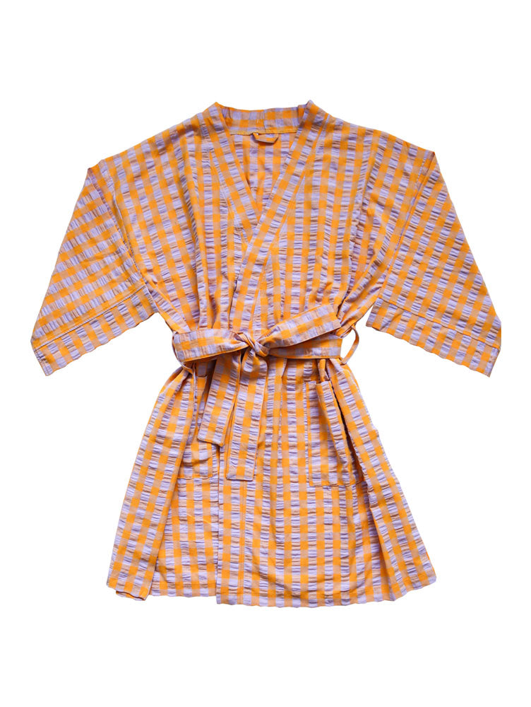 Kumquat Bloom Seersucker Short Robe  by Mosey Me