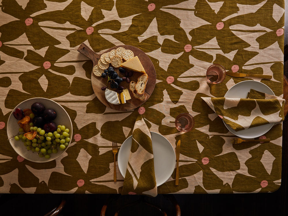 Olive Poppy Tablecloth  by Mosey Me