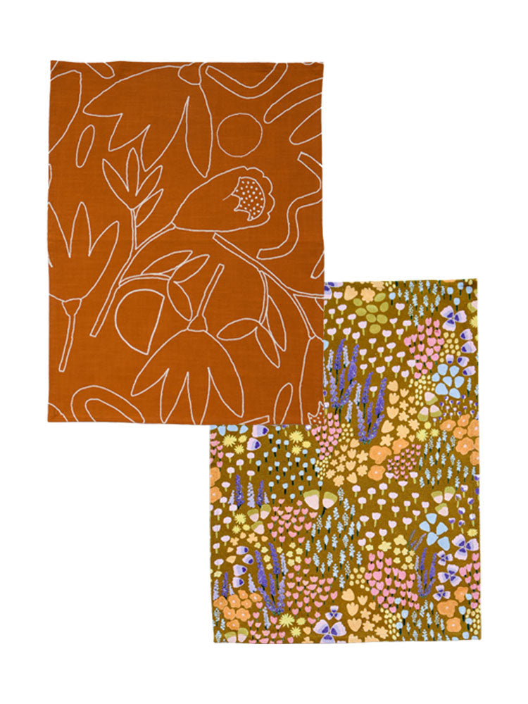 Two Tea Towels Bundle - Outline Floral &amp; Meadow  by Mosey Me