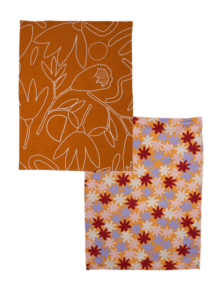 Two Tea Towels Bundle - Crimson Floral &amp; Outline Floral  by Mosey Me