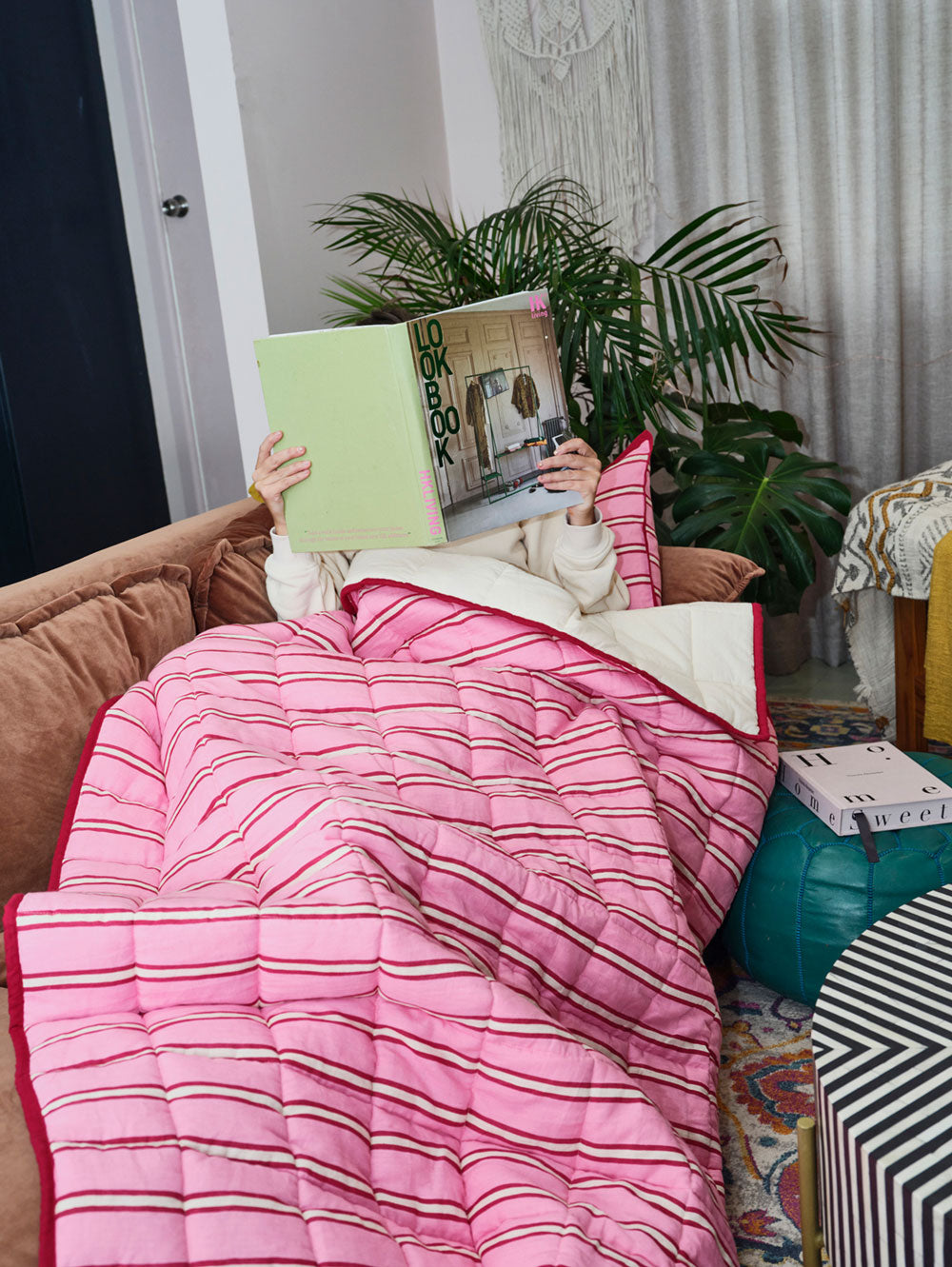 Mosey Me Cotton Pink Stripe Quilted Throw