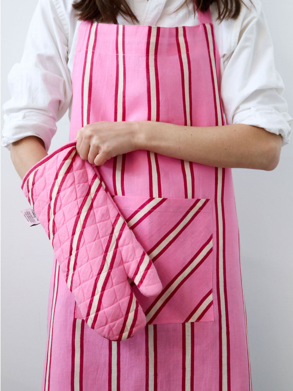 Mosey Me Linen Pink Stripe Oven Mitt & Apron